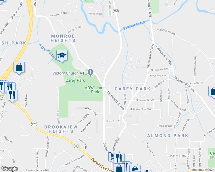 map of restaurants, bars, coffee shops, grocery stores, and more near 1189 Wedgewood Drive Northwest in Atlanta