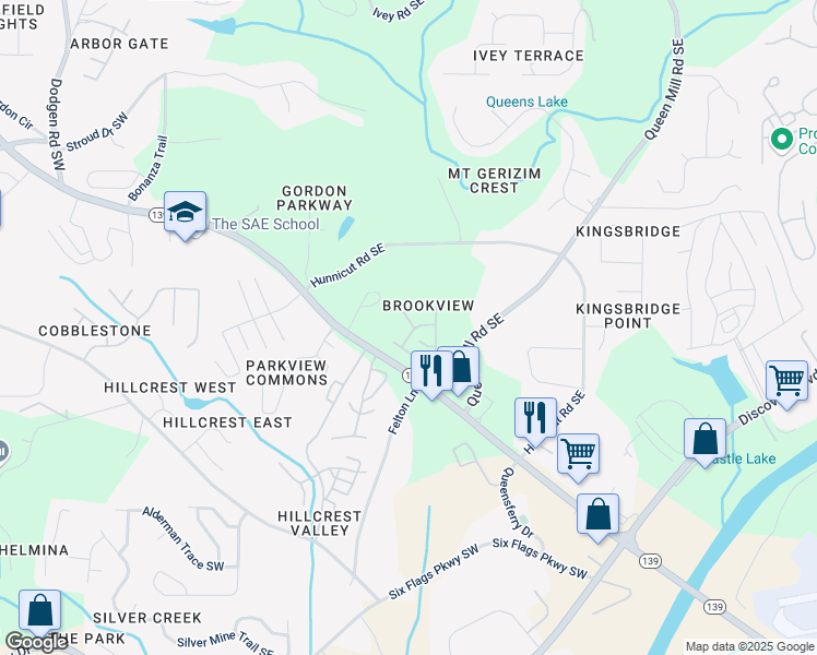 map of restaurants, bars, coffee shops, grocery stores, and more near 6778 Blackstone Place in Mableton