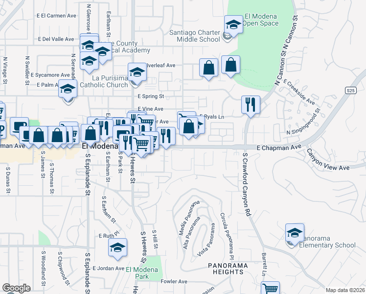map of restaurants, bars, coffee shops, grocery stores, and more near East Chapman Avenue & South Rancho Santiago Boulevard in Orange