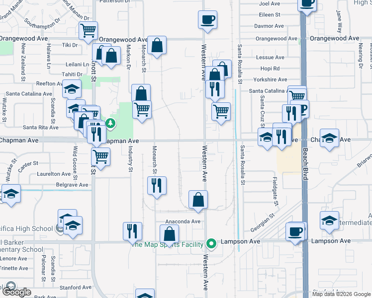map of restaurants, bars, coffee shops, grocery stores, and more near 7422 Chapman Avenue in Garden Grove