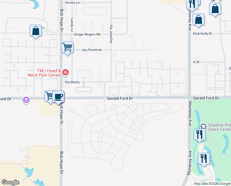 map of restaurants, bars, coffee shops, grocery stores, and more near 34 Calais Circle in Rancho Mirage