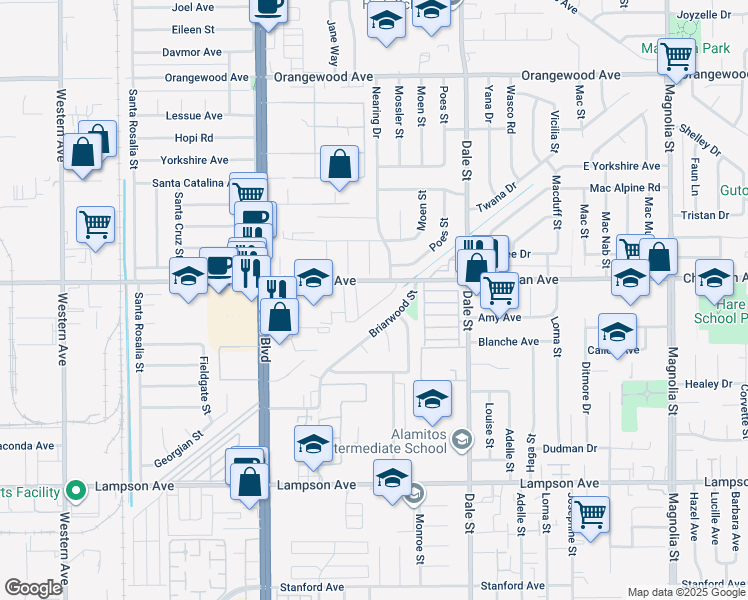 map of restaurants, bars, coffee shops, grocery stores, and more near 8300 Chapman Avenue in Stanton