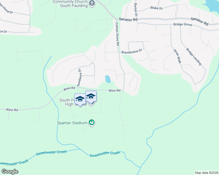 map of restaurants, bars, coffee shops, grocery stores, and more near 1505 Winn Road in Douglasville