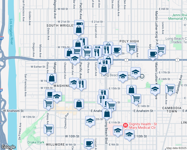 map of restaurants, bars, coffee shops, grocery stores, and more near 1635 Locust Avenue in Long Beach