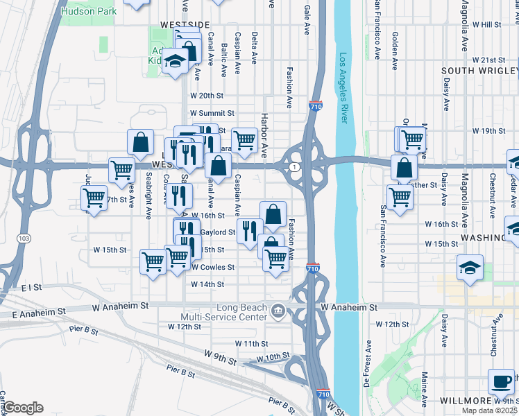 map of restaurants, bars, coffee shops, grocery stores, and more near 1601 Harbor Avenue in Long Beach