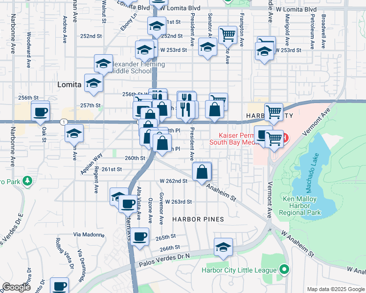 map of restaurants, bars, coffee shops, grocery stores, and more near 1621 259th Place in Los Angeles