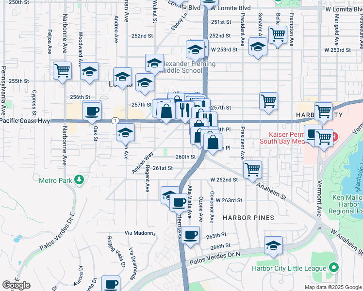 map of restaurants, bars, coffee shops, grocery stores, and more near 25926 Cayuga Avenue in Lomita
