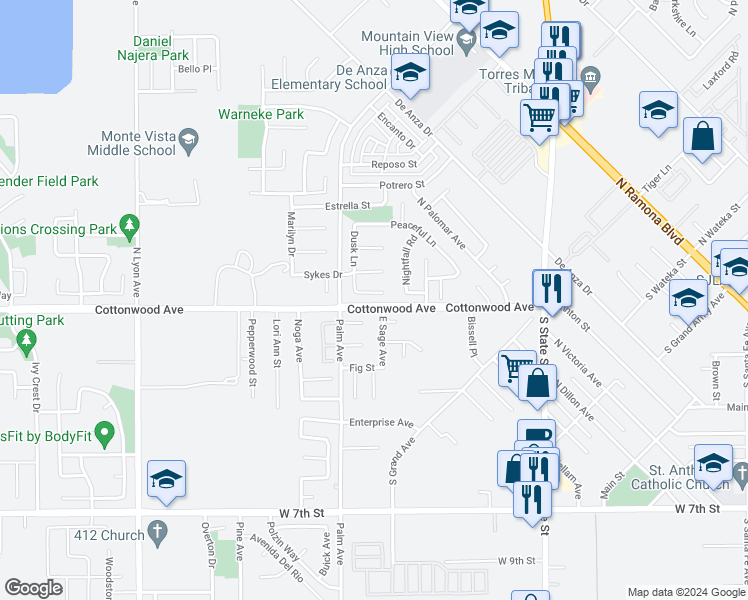 map of restaurants, bars, coffee shops, grocery stores, and more near 1042 Sun Up Circle in San Jacinto