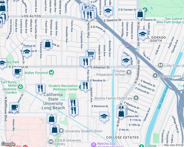 map of restaurants, bars, coffee shops, grocery stores, and more near 6431 East El Roble Street in Long Beach