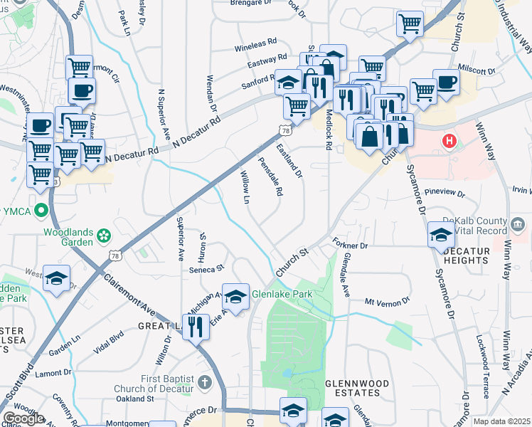 map of restaurants, bars, coffee shops, grocery stores, and more near 414 Pensdale Road in Decatur