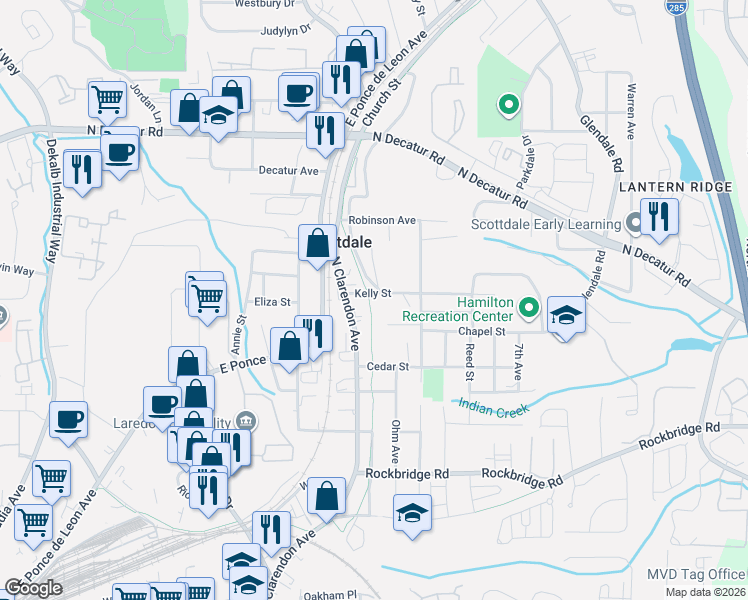 map of restaurants, bars, coffee shops, grocery stores, and more near 3103 Kelly Street in Scottdale