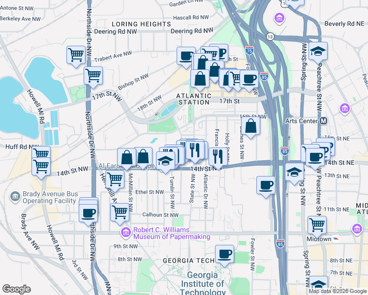 map of restaurants, bars, coffee shops, grocery stores, and more near 1214 State Street Northwest in Atlanta