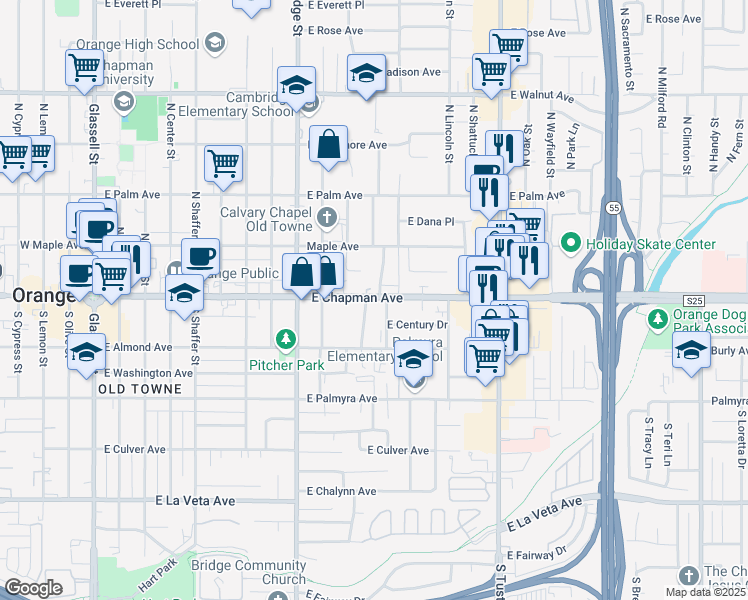map of restaurants, bars, coffee shops, grocery stores, and more near 164 South Water Street in Orange