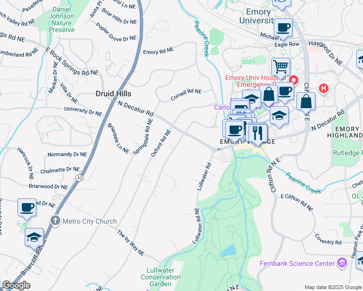 map of restaurants, bars, coffee shops, grocery stores, and more near 1211 Oakdale Road Northeast in Atlanta
