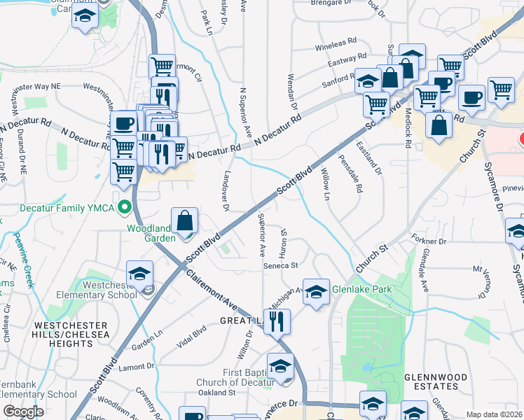 map of restaurants, bars, coffee shops, grocery stores, and more near 1123 Scott Boulevard in Decatur
