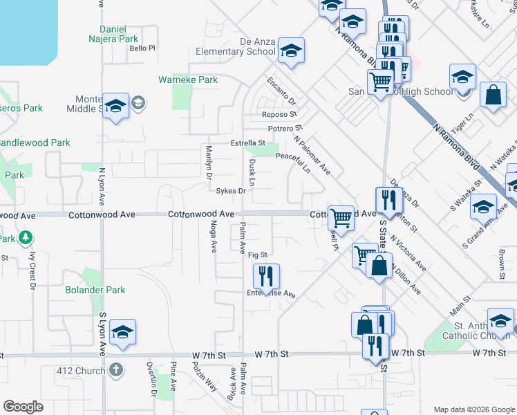 map of restaurants, bars, coffee shops, grocery stores, and more near 1034 Sun Up Circle in San Jacinto
