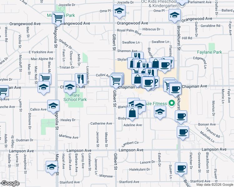 map of restaurants, bars, coffee shops, grocery stores, and more near 12042 Gilbert Street in Garden Grove