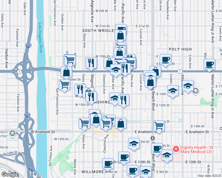 map of restaurants, bars, coffee shops, grocery stores, and more near 1615 Cedar Avenue in Long Beach