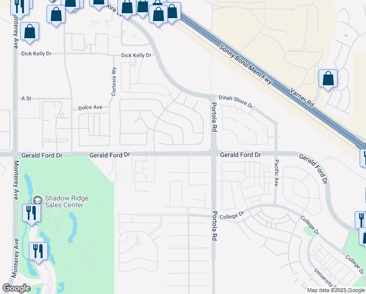 map of restaurants, bars, coffee shops, grocery stores, and more near 73853 Mondrian Place in Palm Desert