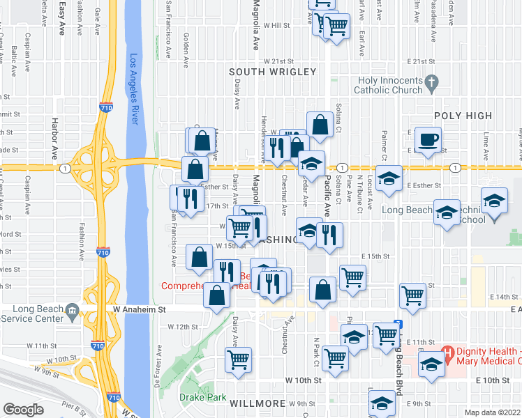 map of restaurants, bars, coffee shops, grocery stores, and more near 1640 Magnolia Avenue in Long Beach