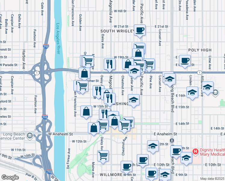 map of restaurants, bars, coffee shops, grocery stores, and more near 1640 Magnolia Avenue in Long Beach