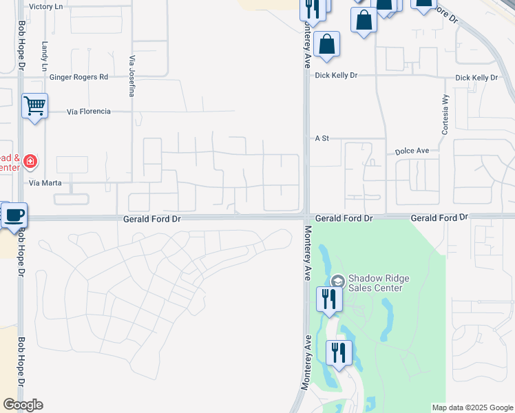 map of restaurants, bars, coffee shops, grocery stores, and more near 1 Orleans Road in Rancho Mirage