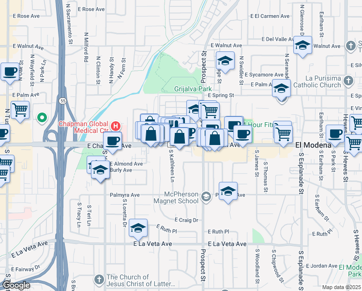 map of restaurants, bars, coffee shops, grocery stores, and more near 3114 East Chapman Avenue in Orange