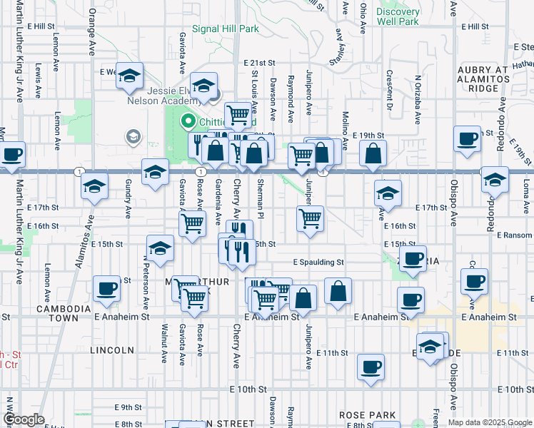 map of restaurants, bars, coffee shops, grocery stores, and more near 1640 Sherman Place in Long Beach