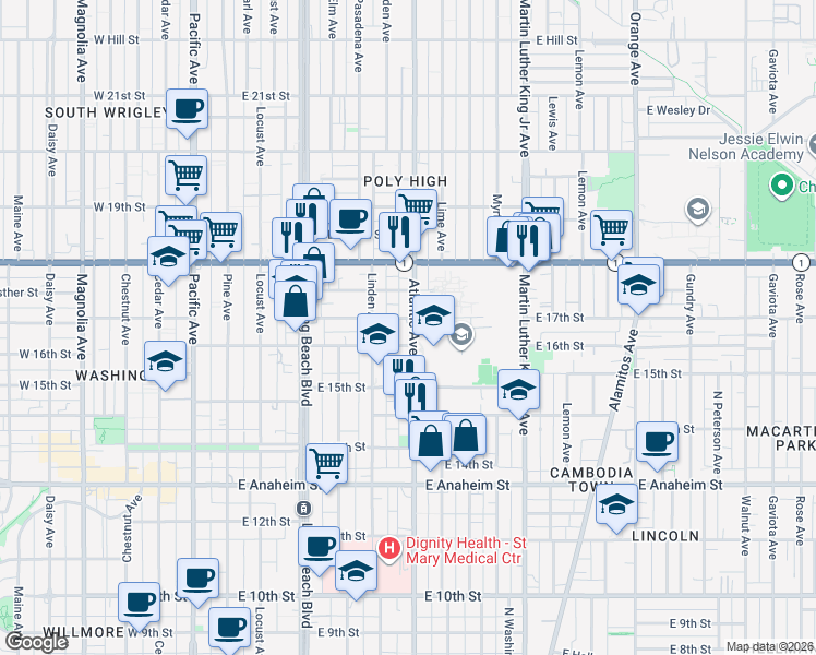 map of restaurants, bars, coffee shops, grocery stores, and more near 1631 Atlantic Avenue in Long Beach