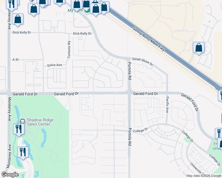 map of restaurants, bars, coffee shops, grocery stores, and more near 73853 Mondrian Place in Palm Desert