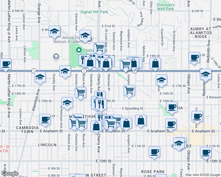 map of restaurants, bars, coffee shops, grocery stores, and more near 1624 Sherman Place in Long Beach