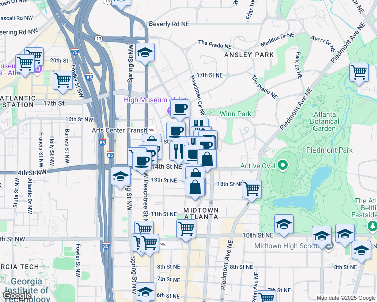 map of restaurants, bars, coffee shops, grocery stores, and more near 1200 Peachtree Street Northeast in Atlanta