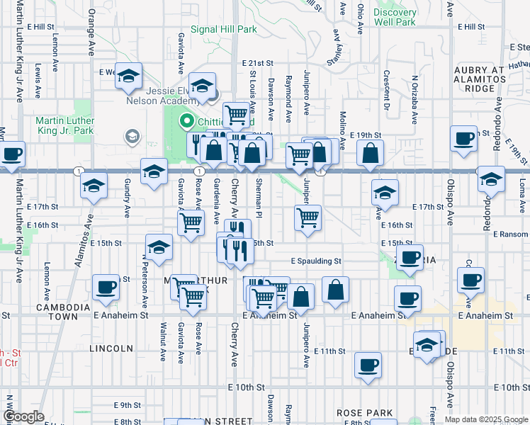 map of restaurants, bars, coffee shops, grocery stores, and more near 1640 Sherman Place in Long Beach