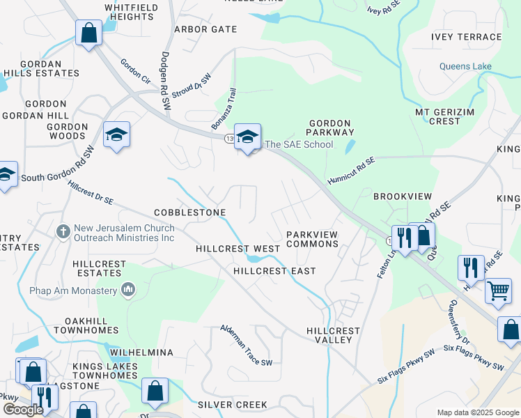 map of restaurants, bars, coffee shops, grocery stores, and more near 6812 Bridgewood Drive in Austell