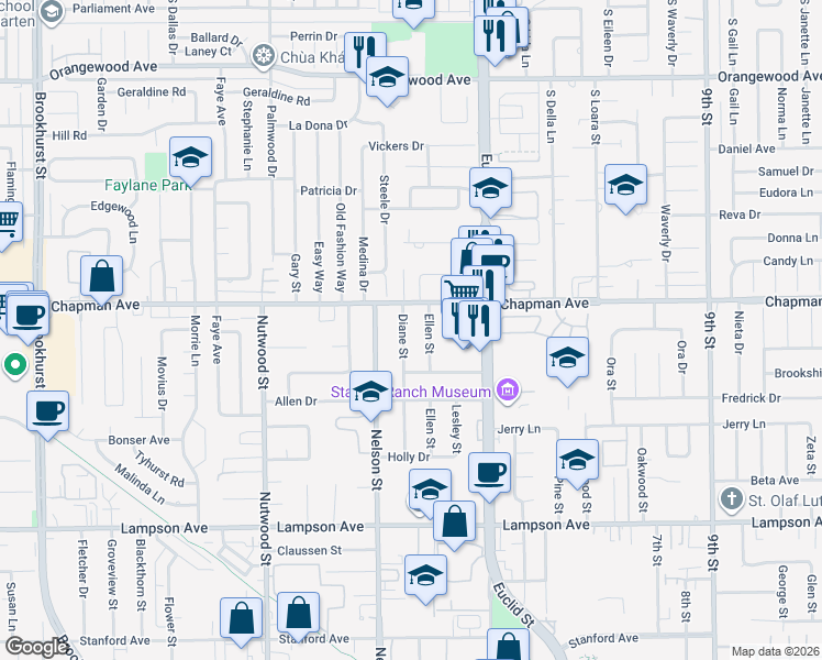 map of restaurants, bars, coffee shops, grocery stores, and more near 12042 Diane Street in Garden Grove