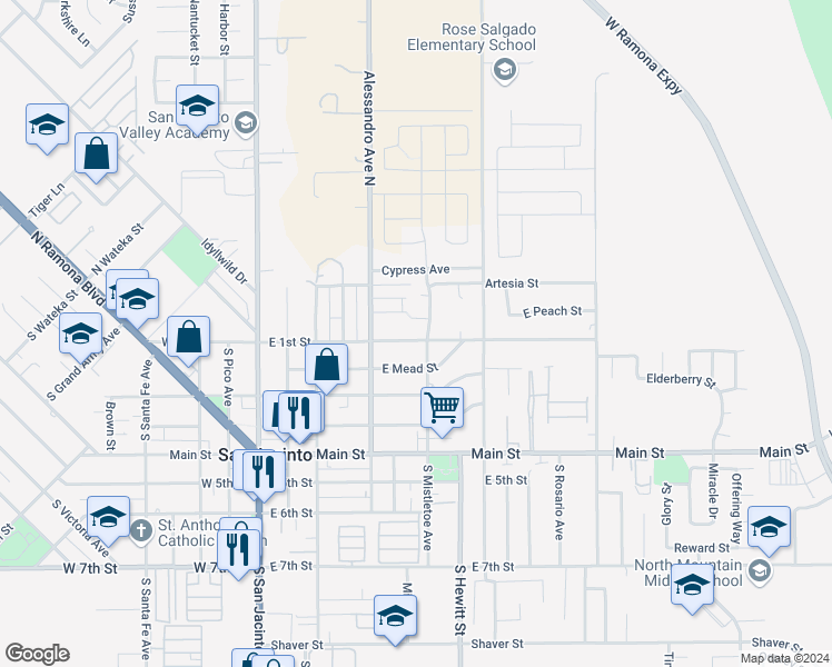 map of restaurants, bars, coffee shops, grocery stores, and more near 487 East 1st Street in San Jacinto