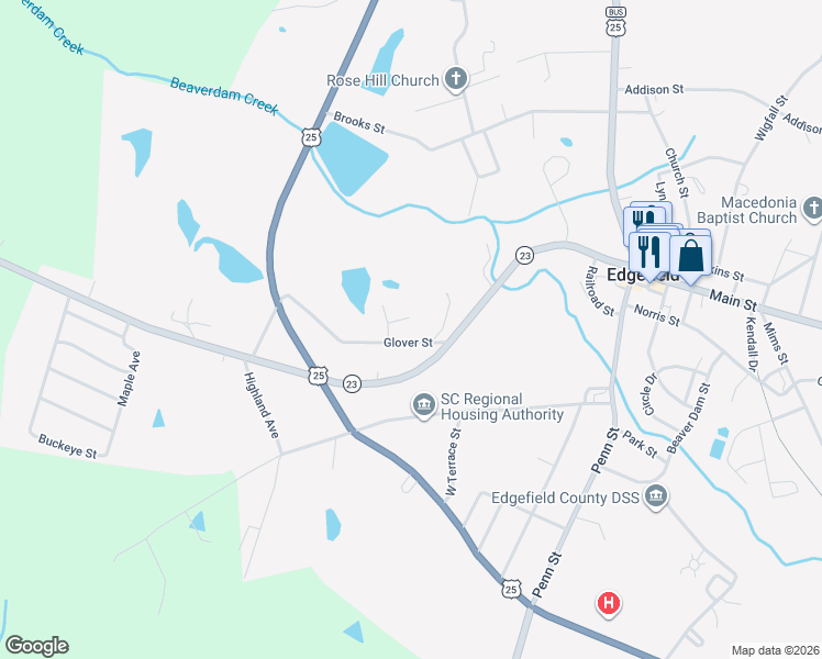 map of restaurants, bars, coffee shops, grocery stores, and more near 220 Glover Street in Edgefield