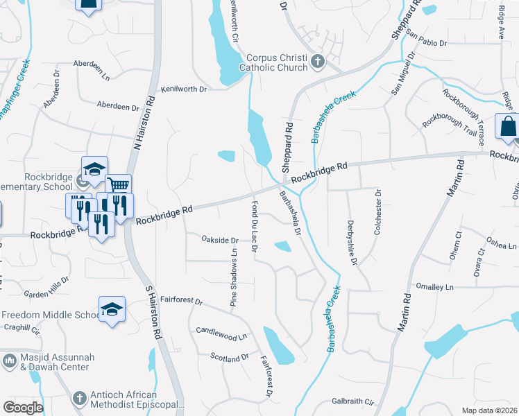 map of restaurants, bars, coffee shops, grocery stores, and more near 324 Fond Du Lac Drive in Stone Mountain