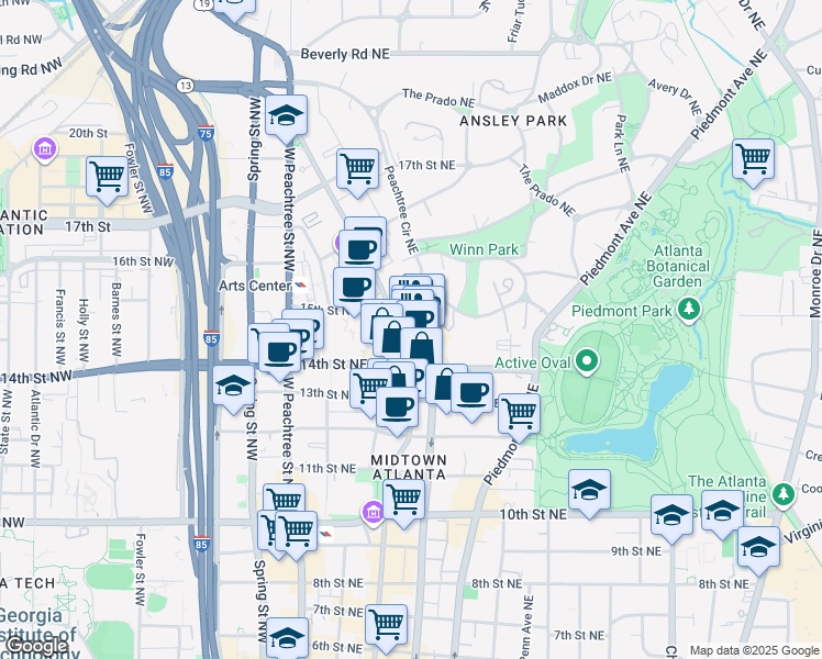 map of restaurants, bars, coffee shops, grocery stores, and more near 1197 Peachtree Street Northeast in Atlanta
