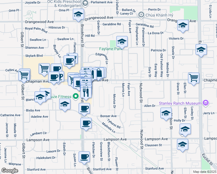 map of restaurants, bars, coffee shops, grocery stores, and more near 10200 Chapman Avenue in Garden Grove