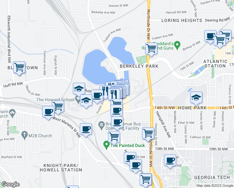 map of restaurants, bars, coffee shops, grocery stores, and more near 524 Huff Road Northwest in Atlanta