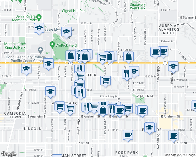 map of restaurants, bars, coffee shops, grocery stores, and more near 1634 Stanton Place in Long Beach