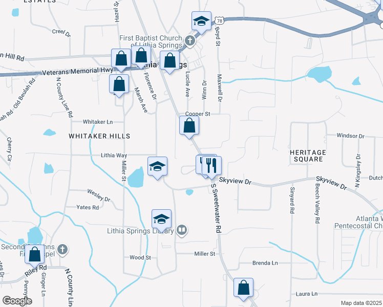map of restaurants, bars, coffee shops, grocery stores, and more near 6867 South Sweetwater Road in Lithia Springs