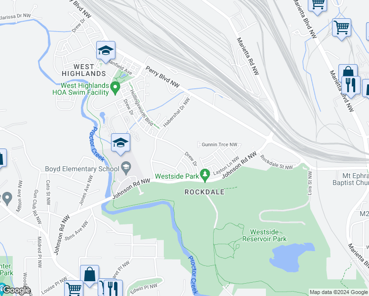 map of restaurants, bars, coffee shops, grocery stores, and more near 1605 Drew Drive in Atlanta