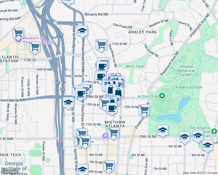 map of restaurants, bars, coffee shops, grocery stores, and more near 1200 Peachtree Street Northeast in Atlanta