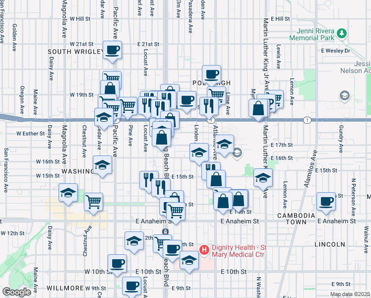 map of restaurants, bars, coffee shops, grocery stores, and more near 412 East 17th Street in Long Beach