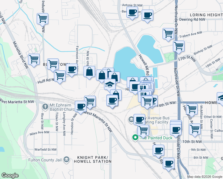 map of restaurants, bars, coffee shops, grocery stores, and more near 876 Earnest Street Northwest in Atlanta