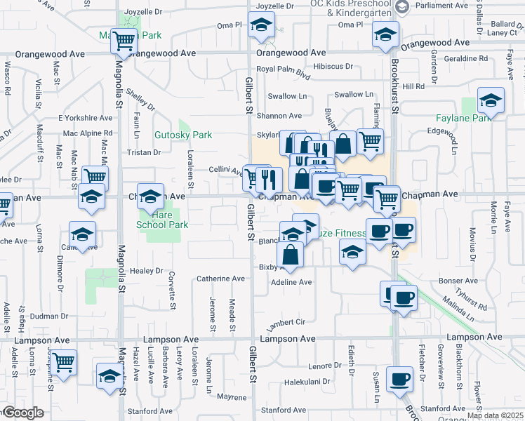 map of restaurants, bars, coffee shops, grocery stores, and more near 12042 Gilbert Street in Garden Grove