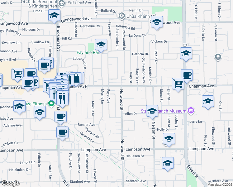map of restaurants, bars, coffee shops, grocery stores, and more near 12042 Hackamore Road in Garden Grove