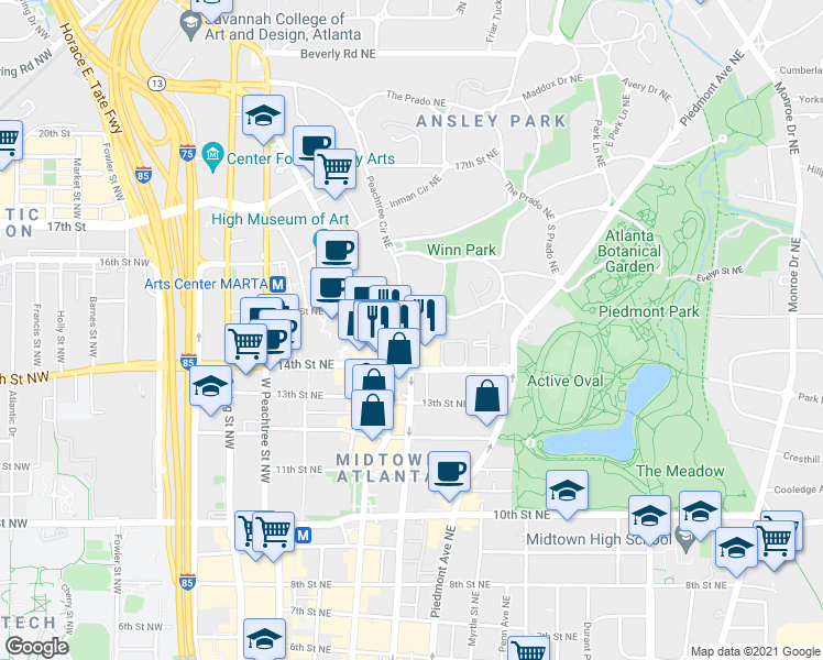 map of restaurants, bars, coffee shops, grocery stores, and more near 1197 Peachtree Street Northeast in Atlanta